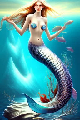 long hair mermaid with white top set on the rock in the ocean