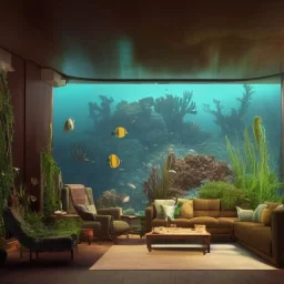 a gorgeous, stunning underwater livingroom with paned glass wall, dark wood floor, plants, stones, sofa and chairs, 8k resolution, high-quality, fine-detail, digital art, detailed matte, volumetric lighting, illustration, 3D octane render, brian froud, howard lyon, selina french, anna dittmann, annie stokes, lisa parker, greg rutowski, George Grie, Ben Goossens, Igor Morski