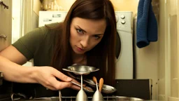 very confused young woman places a few metal spoons into her household dryer