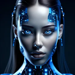 beautiful cyborg woman face in full view, blue data and blue numbers flying around, photorealism, perfect composition, cinematic frame, complex details, hyper-detailed