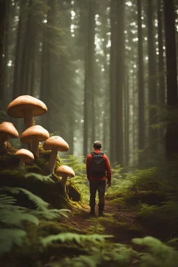 Human explorer old growth forest mushroom planet sunny day