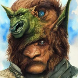 dungeons and dragons, fantasy, goblin, king, portrait, distinct face, ochre skin, watercolour, blue nose