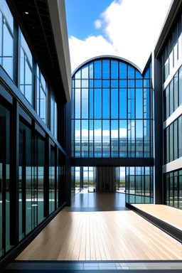 An 8 floor Glass and Wood exterior, production studio at the V&A Waterfront with the name "Mac-C Production Studios" outside of it. on an ethereal looking entrance.