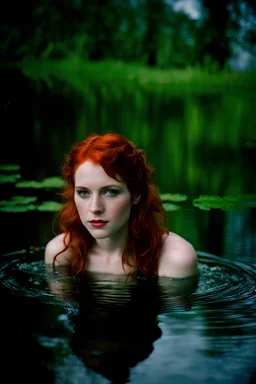 Peppery Lorraine age 28, feather soft, pouty, redhead, water nymph in a pond, high res, perfect, fairy wings, Portra160 Film