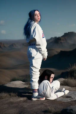 Billie Eilish, kneeling, underpants, white socks, rear view, pale skin, high detail, realistic, 8k, not to be distinguished from a photo