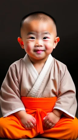 A 3-year-old monk boy with round cheeks, sitting, looking at the camera, light gray monk costume with white neckline, cute and cute, masterpiece, high quality, highly detailed.