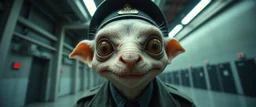 extreme close up on cheeky fluffy weasel goblin alien military prison guard news anchor elf family scumbag in the style of Escher and Giger and Fallout 4, pinhole cam, airbrush 3d rendering, on tv screen:A five-second cinematic single take in a clean industrial presentation hall.