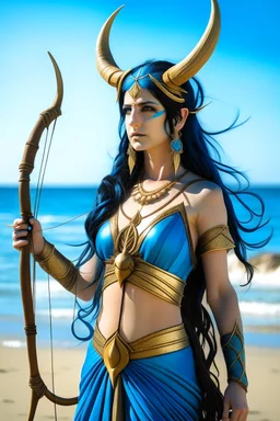 A picture of a blue Indian goddess with painted blue skin, wild black hair, deer antlers, elven ears, golden skirt, holding a bow on a sunny beach