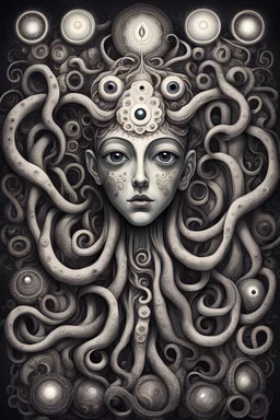 religious symbols, many eyes, humanoid figure, tentacles