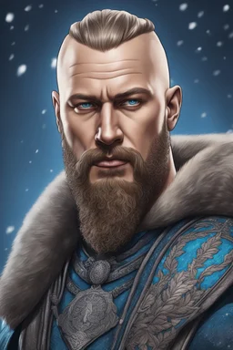 Ragnar Lothbrok in 8k cartoon artstyle, blue eyes, Bald, big beard, tattoos, winter, close picture, highly detailed, high details, detailed portrait, masterpiece,ultra detailed, ultra quality