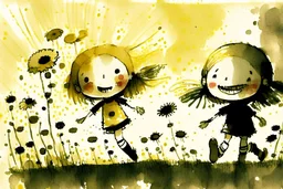 cute chibi anime smiling faced daisy flowers playing football in sunshine, styles of Paul Klee Dee Nickerson and Tim Burton, melting watercolor and black ink outlines on wet paper, soft, shading strokes, in sunshine, ethereal, cinematic postprocessing, bokeh, dof