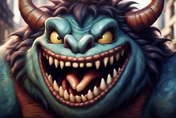 closeup of a maniacal grinning monster's face, big teeth, tusks, fur, bumps and curled horns, my pet monster inspiration, urban character design