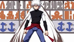 Satoru Gojo is a young tough guy white hair blue eyes black turtleneck without arms white loose pants in a defensive pose