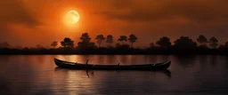 Wet on wet watercolor painting of canoe in sunset silhouette , Watercolor painting detailed digital painting, highly detailed, intricated
