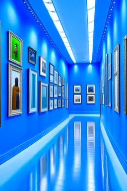 A museum of paintings with blue walls and a white floor