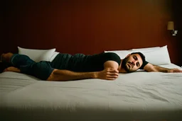 man lying on back on motel bed, arms at sides, face partially turned away, neutral expression, unresponsive posture, plain bedding, generic sheets, harsh flash lighting, dim uneven room lighting, off center framing, candid documentary photo, slightly grainy, no emotion
