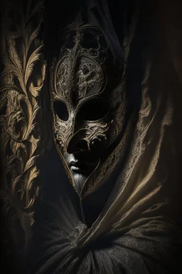 An intriguing, chiaroscuro-style portrait of a mysterious figure wearing a Venetian mask, shrouded in shadows and a dramatic play of light and dark, capturing the enigmatic aura and the intricate details of the ornate mask.