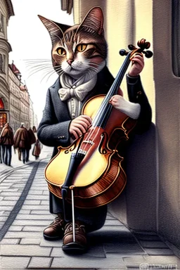 One single mature cat playing violin on the street, Vienna, happy, model style, hyper realistic, extremely accurate, delicate, extremely detailed, Graphic novel style, wide-angle, open aperture, superfine pencil