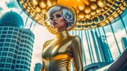 woman in a silver catsuit with gold circuitry built in, standing in a futuristic alien city holding a parasol shaped like a mushroom with tentacles