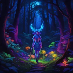 A black light painting of an intricate folk art gorgeus elf in the forest. Neon glow, UV light. fantasy,colorful8k resolution concept art, Greg Rutkowski,SIXMOREVODKA, pastel color, Nighttime Lighting, digital illustration, 4K, Hyperdetailed, Intricate Details, 3D shading, Art of Illusion