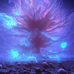 Spherical Frost metal magic armoured lightning Mycelium giant blob MUSHROOM flower erupting with BLUE FLAMES hellfire abyss stars SPACE lANDSCAPE