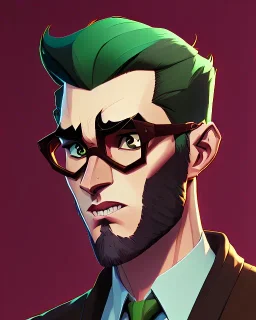 Fit man in round glasses, wavy hair, stubble, slim, tie, monotone, green eyes, comic book style, two tone colours, detailed, ink, realistic, handsome, square jaw, big brows, no jacket, bird on the shoulder, spotlight