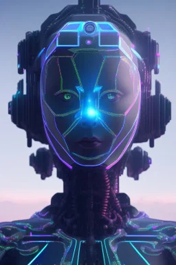 holographic projection of an AI head hovering over an cyberpunk landscape in the distance, a small human walking towards the head, high quality, 4k resolution, high details