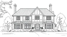 A front elevation fine line drawing of a fantasy Tudor farmhouse.