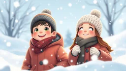 cute detalied 3d illustration from one boy and one girl dressed warmly in coats and hats, enjoying a day out in the snow together and play in snow. They are both smiling and embracing the cold weather, winter scene, detalied, 3d anime, aesthetic design, snowy landscape, beautiful shot, stunning, cinematic