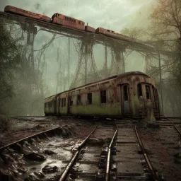 an abandoned train on tracks falling apart and overgrown by nature with large puddles of water flooding part of tracks, 8k resolution, high-quality, fine-detail, intricate, digital art, detailed matte, volumetric lighting, illustration, 3D octane render, brian froud, howard lyon, selina french, anna dittmann, annie stokes, lisa parker, greg rutowski