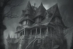 one Wednesday Adams, black and white, scary house , pointy roof, cursed trees , dark forest, spiders, bats, bones, Escher style