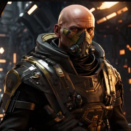 star wars bald male corellian pilot wearing pearlescent black and gunmetal grey First Order special forces heavy assault stealth commando armor and helmet with gold trim inside the jedi temple, hyperdetailed, dynamic lighting, hyperdetailed background, 8k resolution, volumetric lighting, light skin, fully symmetric details