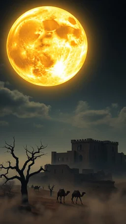 Visualize a breathtaking scene where a magnificent, glowing full moon dominates the night sky, its luminescence casting a warm, vintage glow over the landscape. The moon's surface is intricately detailed, showcasing craters and valleys that tell a story of celestial beauty. Below, an old castle ruins, and a camels caravan , their twisted branches reaching out like shadows against the soft illumination. The ground is carpeted with a layer of mist that swirl
