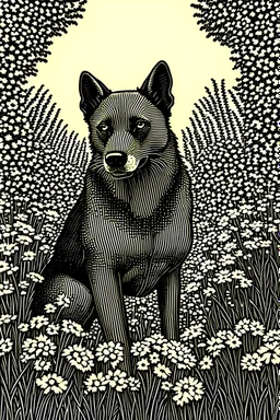 un perro dorgi en medio de un jardín lleno de flores en xilografía de duotono