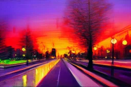 City, sunset, trees, retrowave influence, lesser ury painting