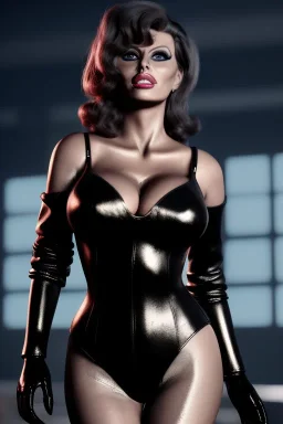 Sophia Loren dressed in shiny black leather, frank miller sin city, busty, cleavage, volumetric lighting, particales,highly detailed,cinematic, deep colours,8