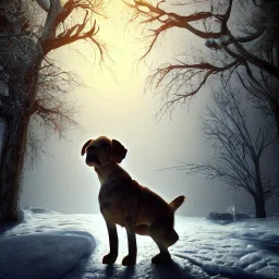 portrait of sad, scared, lonely dog tied with a short leash in front of house, winter, 8k resolution, high-quality, fine-detail, intricate, digital art, detailed matte, volumetric lighting, illustration, 3D octane render, brian froud, howard lyon, selina french, anna dittmann, annie stokes, lisa parker, greg rutowski