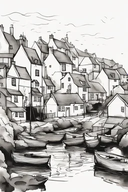 English fishing village blotchy ink minimalist loose outline sketch