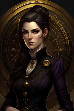 A fantasy Archduchess who is Austere and imposing yet elegant woman with thin, Victorian features, deep violet eyes and long, black, braided hair. She wears a slim black suit with gold accents and has a pin on her chest that is gold in the shape of a clock. She looks angry and cunning.