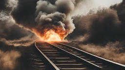 make me a thumbnail of an explosion with big fire and lots of black smoke on a train track in sunny weather