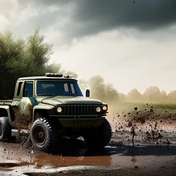 hyperrealistic shot, muddy military toy truck, monotone color palette, sharp focus, puddle reflection, tire water splash, refraction, mist on the horizon, lightbing, shadowcast, detailed and intricate, cinematic composition, micro, tilt shift photography