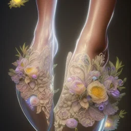 a glass slipper, a hyperrealistic photo, transparent body, crystal, shells, pastel colours flowers and leaves transparent, professional light, rock, rococo, Artstation, intricate detail realism hdr, intricate detailed 8 k, with ornate jewelled, intricate detailed 4 k