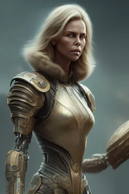 charlize theron robot makeaup colored, viking clothes atmospheric, realistic, unreal engine, cinematic lighting, octane render.