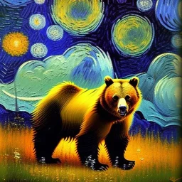 Dibujo al oleo de un oso grizzlie con su cria en el bosque con nubes estilo Vincent van Gogh