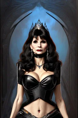 drawing of victoria principal as evil queen in black leather, feminie, angry, stern look on her face, volouptous, busty, cleavage, emperious, mature, highly detailed, digital painting, artstation, concept art, smooth, sharp focus, illustration, art by gaston bussiere and alphonse mucha