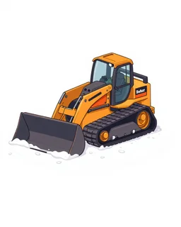 Isometric skidsteer, low perspective, cartoon proportions.