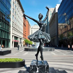 photo of a statue of ballerina made of black marbel in a modern city center