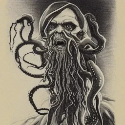 Picture of Cthulhu with white skin and a beard made of fleshy tentacles as a Russian Orthodox nosferatu vampire with yellow eyes and vampire fangs