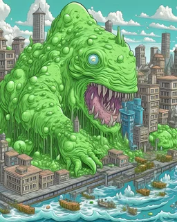 extremely detailed slime as a kaiju monster destroying a city