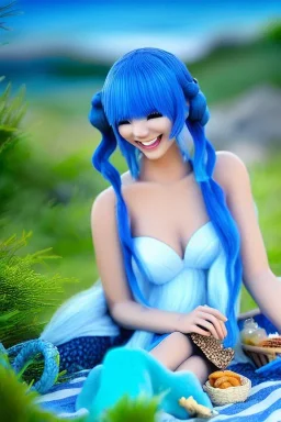 Female sea elf on a picnic with her animal friends,blue hair, blue skin, expressive emotion, highly detailed, laughing, nature, Grove, oasis